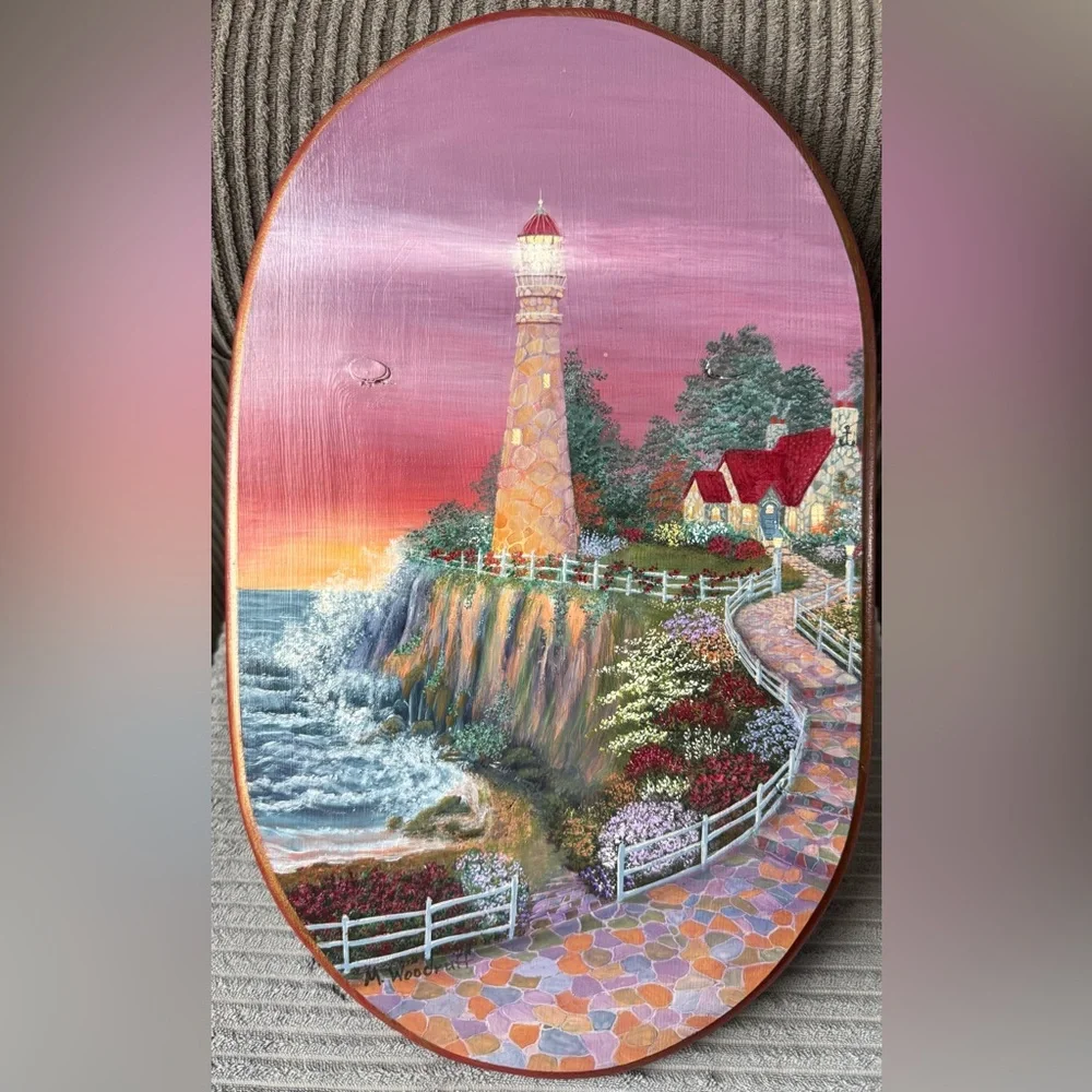 Vintage Sunset Lighthouse Wall Art - Pink, Red, Green Wooden Village Scenery